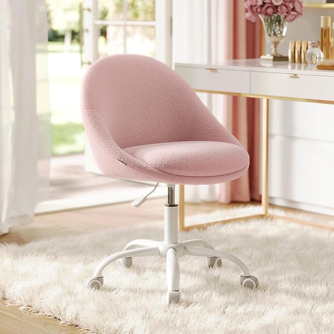 VASAGLE Vanity Chair with Lumbar Support, Adjustable Swivel Armless Desk Chair, Teddy Fleece, Compact for Small Spaces, Bedroom, Jelly Pink UOBG020R93