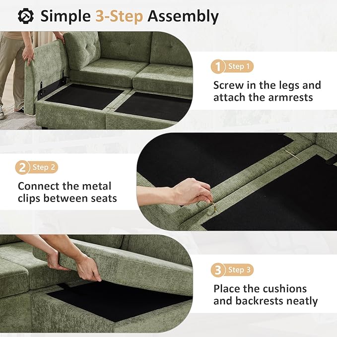 VANOMi 4 Seater Cloud Couches for Living Room with 2 Ottomans, 118" Modular Sectional Sofas & Couches, Comfy Chenille Cloud Sectional Couch Sofa for Apartment, Office, Green, U Shaped