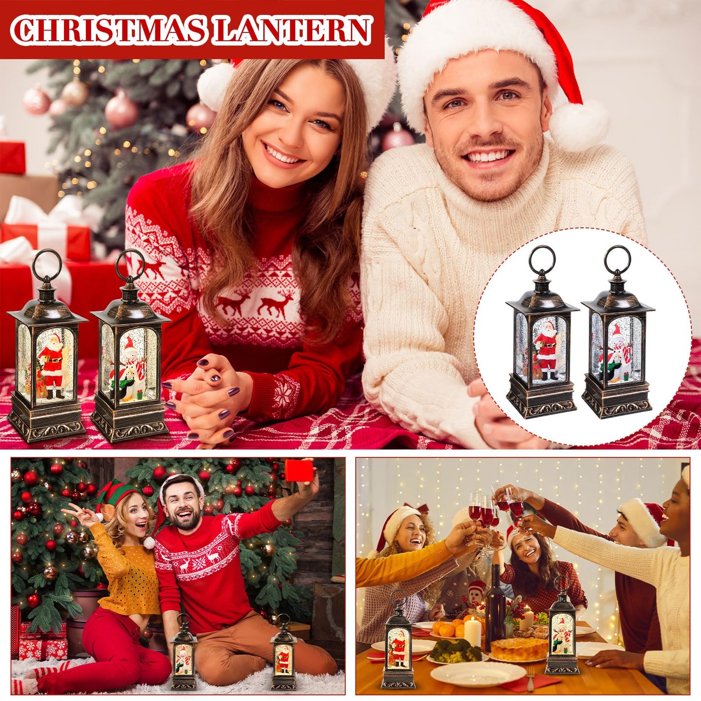Retisee 2 Pcs Christmas Snow Globe Lanterns, Lighted Musical Snow Globe USB or Battery Powered Glitter Lantern with Music for Christmas Holiday Home Decorations Indoor, 7.9 Inch
