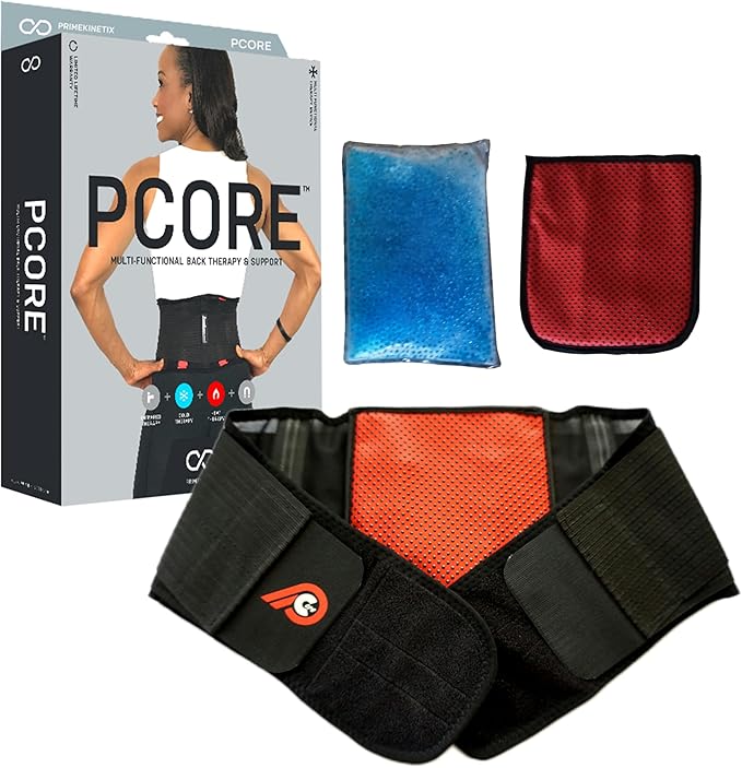 PRIMEKINETIX Pcore Dynamic Lower Back Support Belt - Adjustable Lumbar Brace for Pain Relief with Heat & Ice Therapy - Posture Corrector for Men Women - Breathable Core Support Belt, Size 2XL
