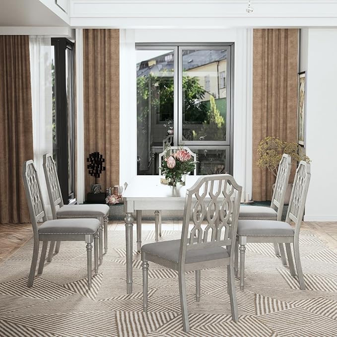 chairus Farmhouse Dining Chairs Set of 4, French Country Wooden Dining Room Chairs with Lattice Back & Nailhead Trim, Upholstered Linen Fabric Kitchen Side Chairs, Grey