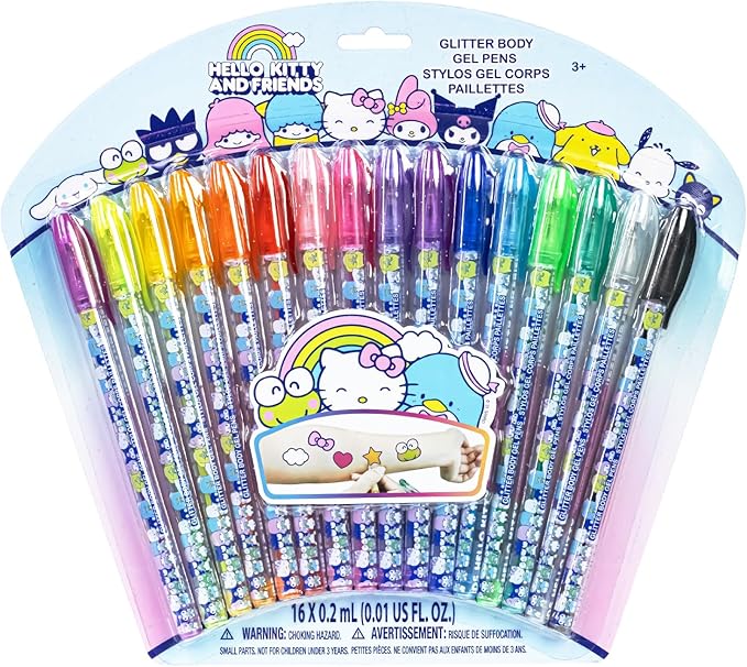 Townley Girl Hello Kitty and Friends 16 Piece Glitter Pen Body Art Set, Glittery and Bright Colors, Ages 3