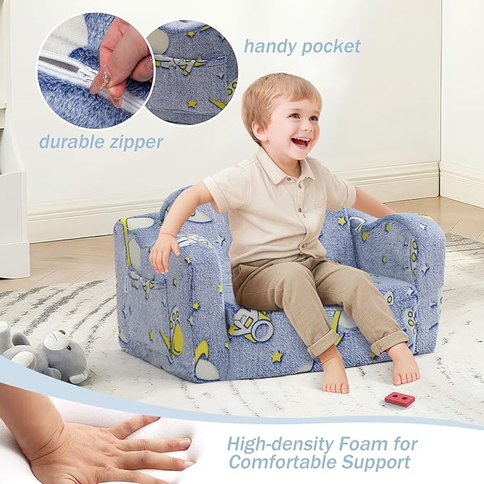 MeMoreCool Toddler Folding Sofa Chair – Denim Rocket Glow-in-The-Dark Plush Lounger 2-in-1 Couch & Recliner | Machine Washable | Soft Kids Seat for Playroom or Nursery