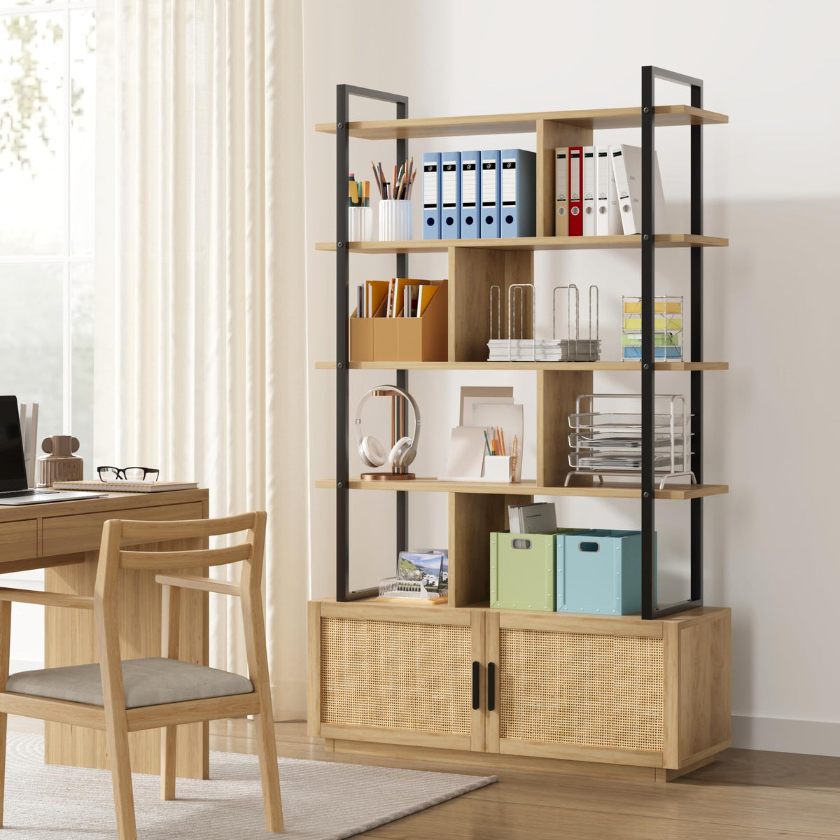 GAOMON 5 Tier Rattan Bookshelf with Storage Cabinet & Door, 71.1 Inch Tall Industrial Book Shelf with Open Display Shelves, 5 Shelf Bookcase with Metal Frame for Living Room, Bedroom -Burlywood