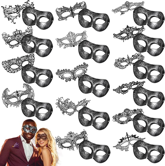 Liliful 30 Pcs Couple Masquerade Mask for Women Men Black Lace Antique Venetian Mask for Carnival Cosplay Christmas Party ...