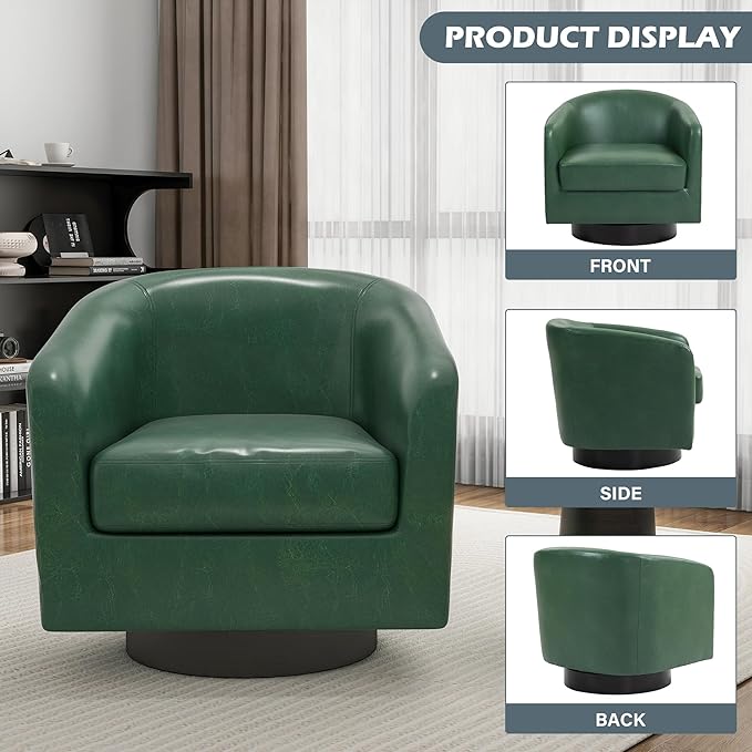 UIXE 360° Swivel Barrel Accent Chair Armchair, PU Leather Round Club Arm Chair for Lving Room, Modern Upholstered Small Bedroom Single Sofa Seat - Green, Set of 4