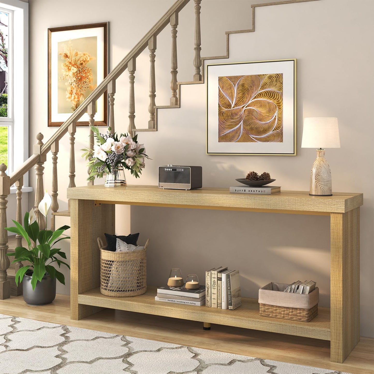 knoworld 63 Inches Narrow Console Table, 2-Tier Long Sofa Tables Behind Couch Table, Farmhouse Foyer Tables for Entryway, Hallway, Living Room, Oak Natural