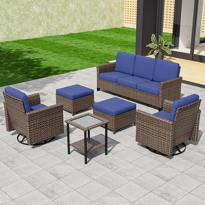 COOS BAY Harbor Retreat 6 Piece Outdoor Furniture Set, Patio Conversation Set with Swivel Rocking Chairs, 3 Seat Couch, Side Table and Ottomans, Wicker Furniture, Brown/Blue