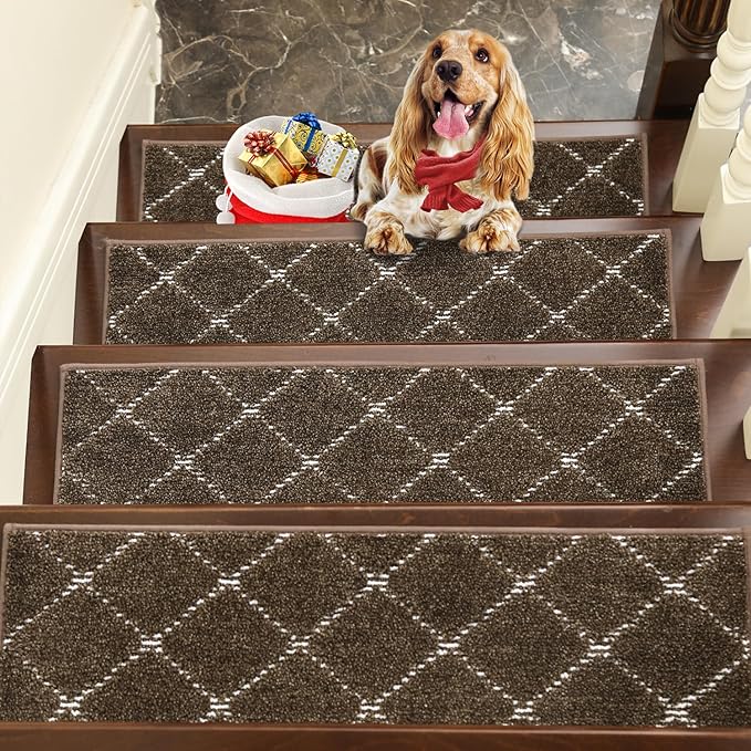 BEQHAUSE Non Slip Stair Treads - Machine Washable, Soft Stair Carpet Treads for Wooden Steps, 28inX9in, 15PCS, Brown