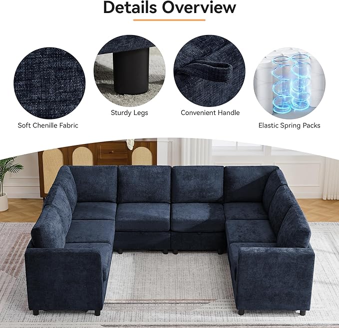 104'' U Shaped Modular Sofa, Sectional Couches with Storage for Living Room, Oversized 8 Seater Cloud Sectional Couch, Chenille Navy