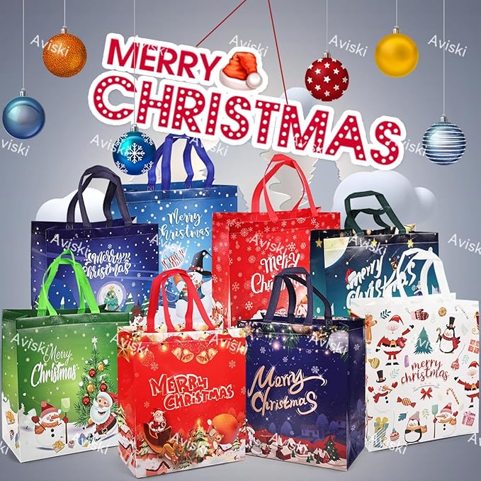 16PCS Christmas Gift Tote Treat Bags with Handles, Multifunctional Non-Woven Bags for Gifts Wrapping Shopping, Xmas Party Supplies, 15×13.8×5.9inch