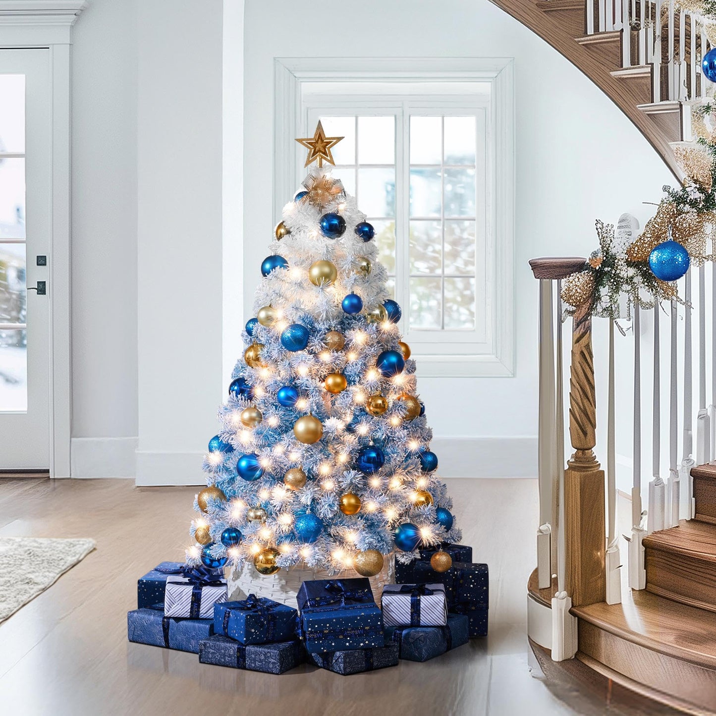Yaheetech 4.5ft Pre-lit Artificial Christmas Tree W/Incandescent Warm White Lights, Flocked Full Prelighted Xmas Tree with 340 Branch Tips, 150 Incandescent Lights & Foldable Stand, Lake Blue Gradient