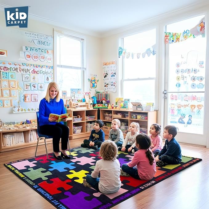 KIDCARPET.COM Pieces of The Puzzle Classroom Seating Rug 7'6" x 12' Rectangle, Educational Classroom Rug, Kids Learning Play Mat | Area Rug for Bedroom or Playroom