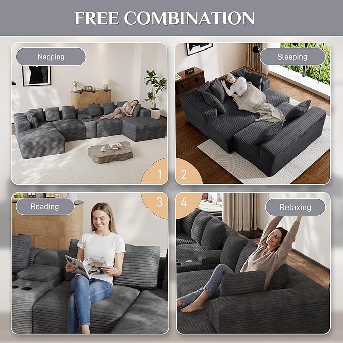 Modular Sectional Sofa with USB Cup Holders Storage, 143" U Shaped Cloud Couch Plush Corduroy Deep Seat Boneless Sofas with Double Chaise Lounge Memory Foam Couches for Living Room - Dark Grey