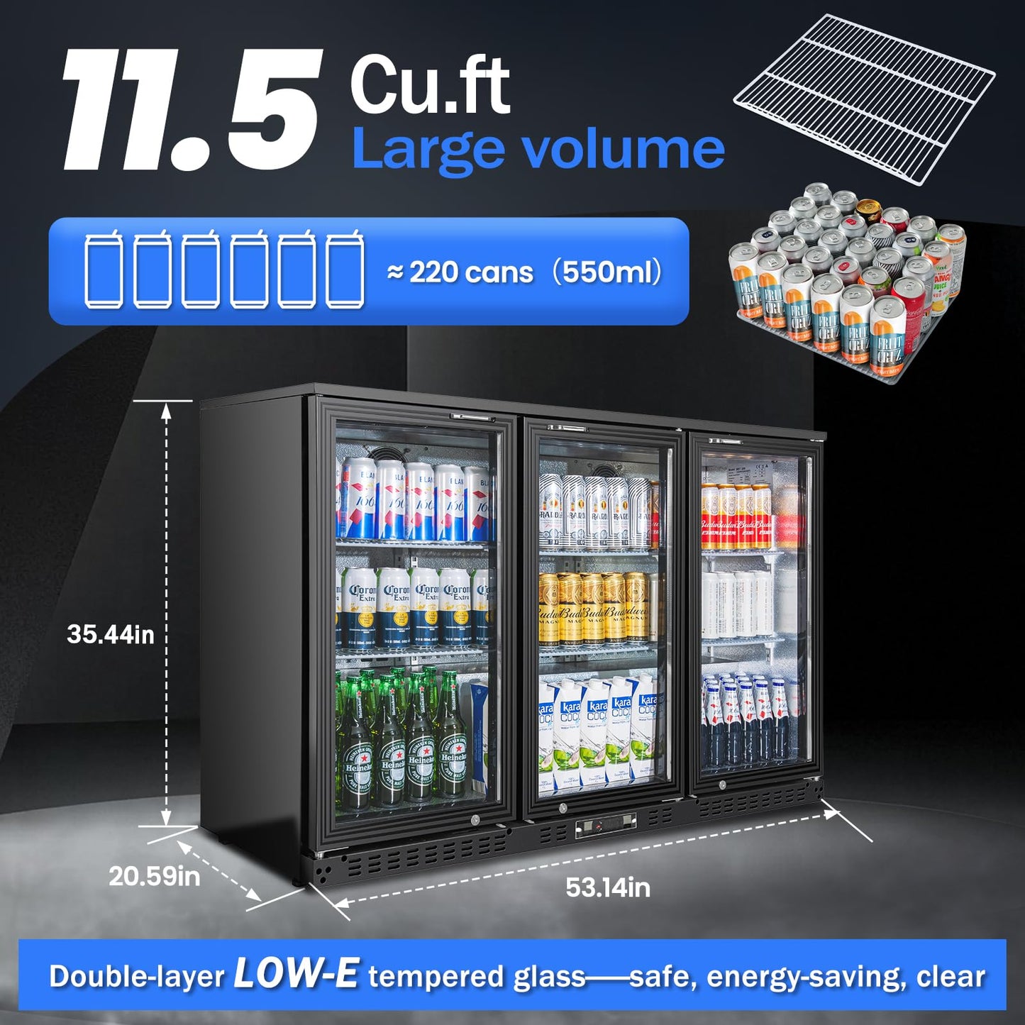 BINGERMA Back Bar Cooler with 3 Glass Doors Under Counter Commercial Beverage Refrigerator 11.5 Cu.ft. ETL Black Drink Fridges for Beer, Wine,Soda, Drinks