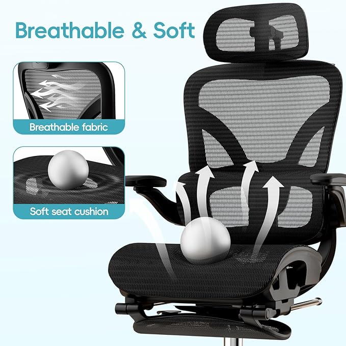 Alllion Ergonomic Mesh Office Chair, Home Desk Chair Comfy High Back with Adjustable Lumbar Support, 3D Headrest, Flip-up Arms, Big and Tall Reclining Computer Gaming Chairs for Men Women, Black