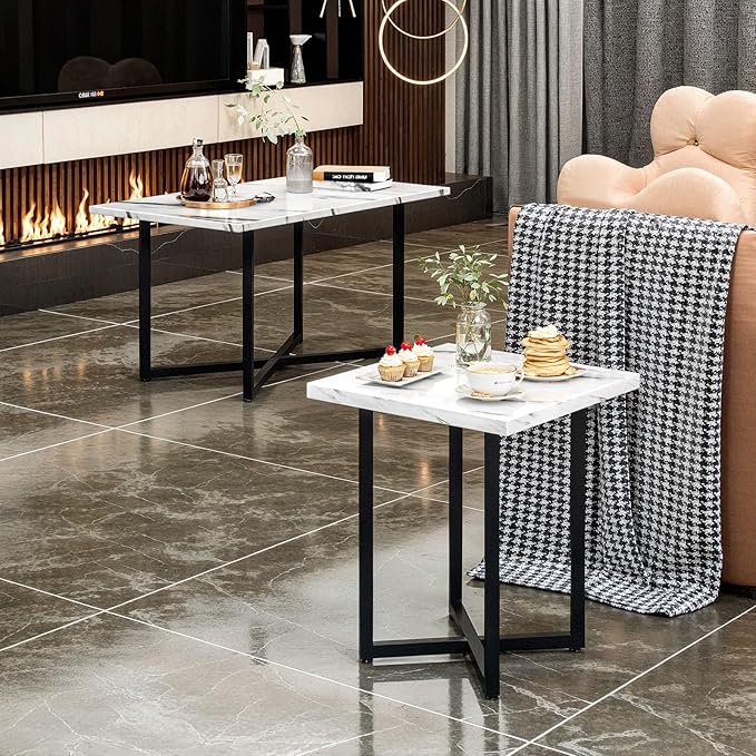AWQM Coffee Table Set of 3, Industrial Coffee Table with 2 Square End Side Tables, Modern Living Room Table Set with Metal Frame for Apartment Home Office