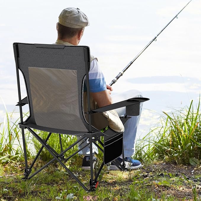GYMAX Reclining Camping Chairs with Footrest, Lightweight Foldable Camping Chairs with Cup Holders, Adjustable Backrest, Headrest, Heavy Duty Camp Chair for Adult Outdoor Fishing Beach (Grey,2)