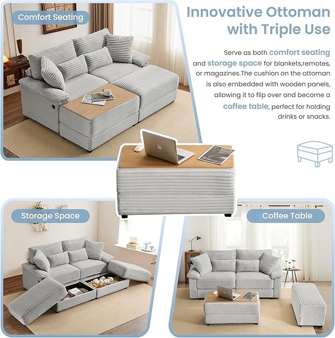 SUNWAVE 74" W Double Chaise Lounge Chair Indoor, Oversized Loveseat with Storage Ottoman, Corduroy Couch with USB Charging, Removable Ottoman, and Coffee Table Cushions for Living Room, Apartment