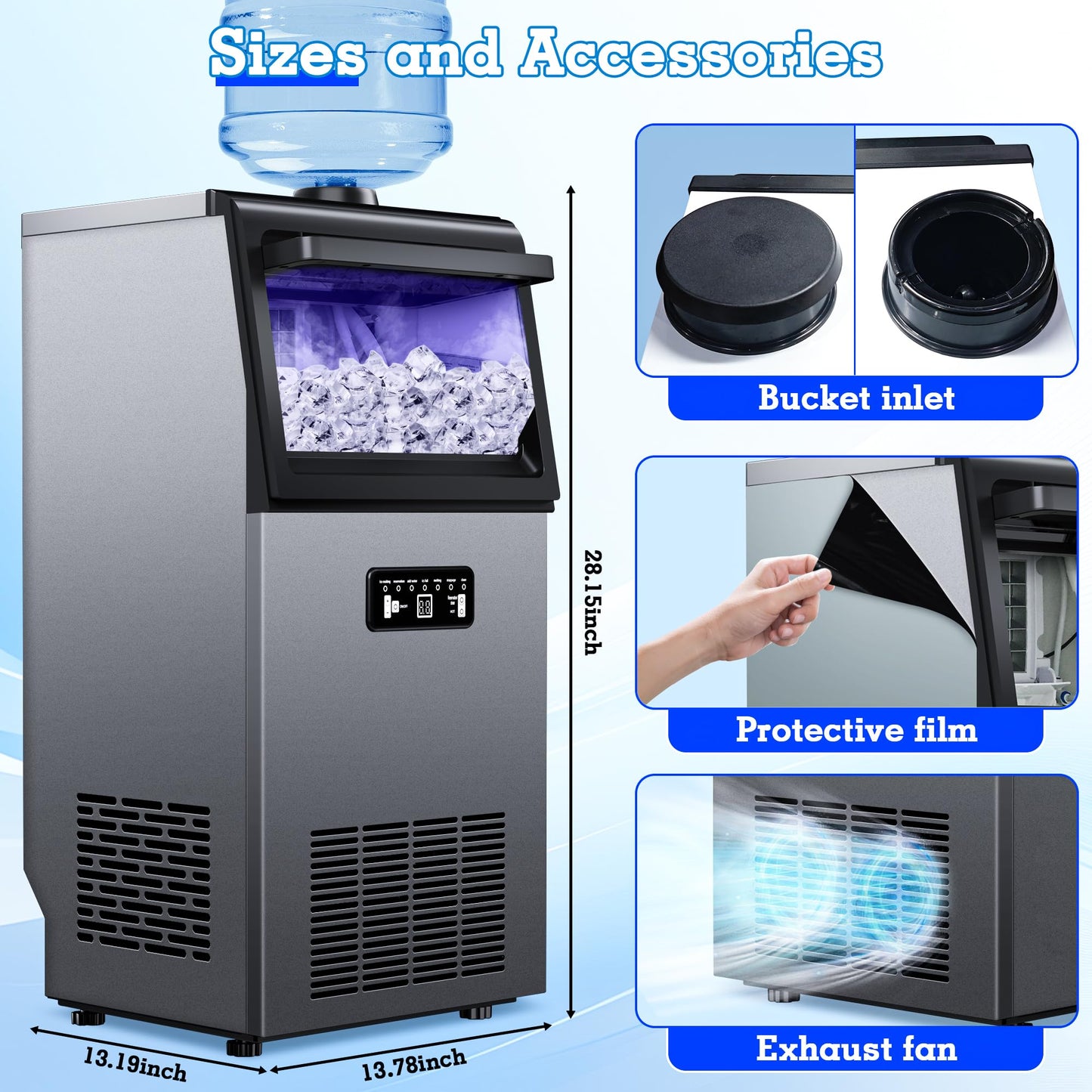 Ice Machine Commercial Ice Maker Machine 120lbs/24H with 22lbs Storage, Stainless Steel Freestanding Ice Machine 40Ice/Cycle 2 Water Inlet Modes, Self-Cleaning Function for Homes Bars Restaurants