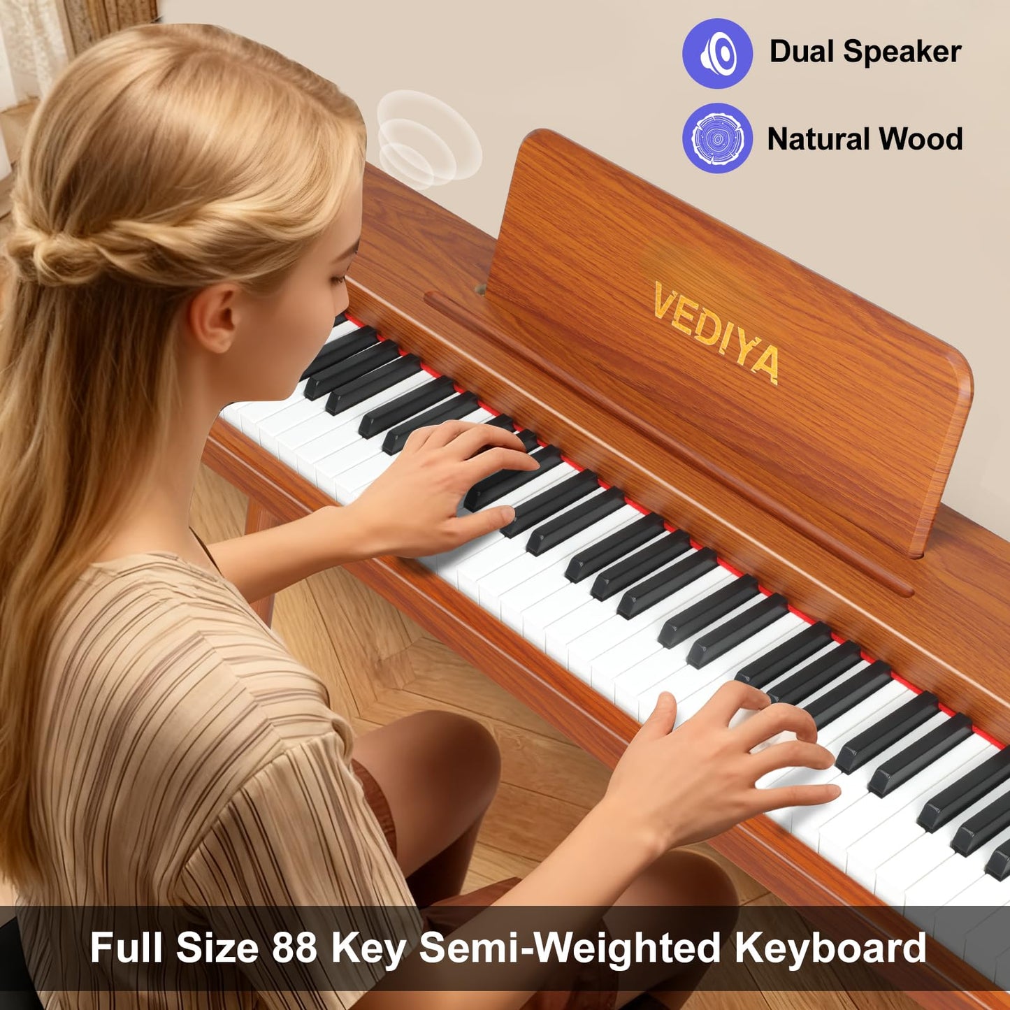 Vediya Digital Piano Keyboard 88 key,Semi-Weighted Electric Piano,Full Size Acoustic Piano for Beginners with Pedal, USB-MIDI Compatibility (Brown)