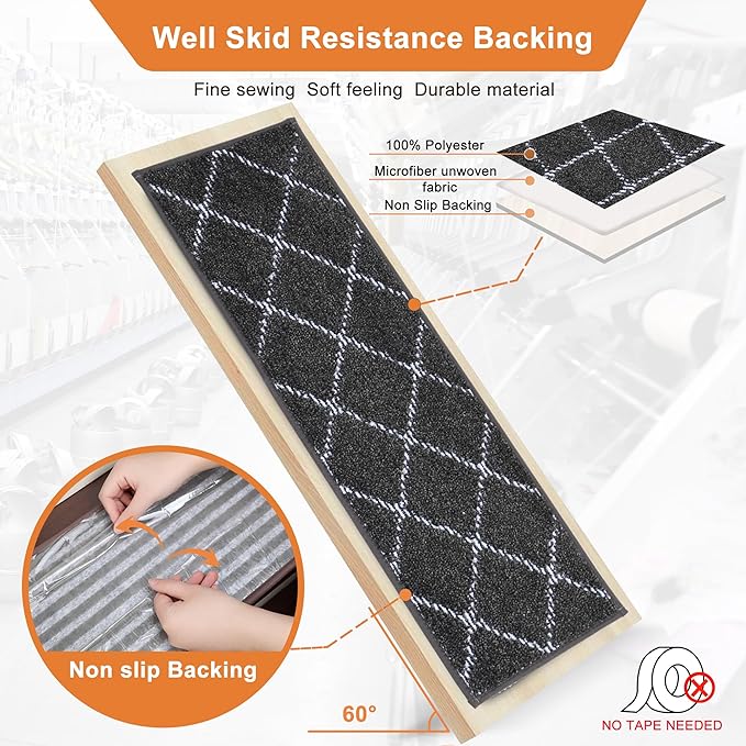 BEQHAUSE Stair Treads for Wooden Steps Non Slip Machine Washable Stair Runner Soft Polyester Stair Rugs 28inX9in for Elders,Kids and Dogs with Self-Adhesive Backing 15pcs,Dark Grey