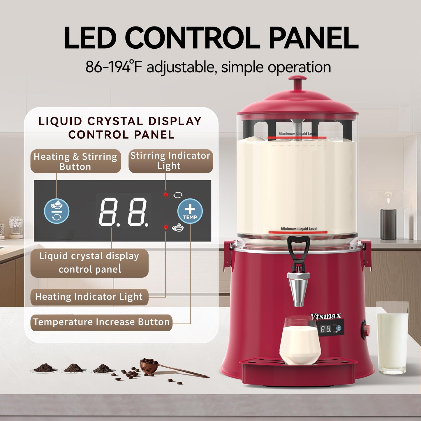 Vtsmax 10L/2.6Gal Commercial Hot Chocolate Machine Hot Drink Dispenser, 86-194°F Intelligent Temperature Control Hot Beverage Maker for Chocolate, Cocoa, Milk, Coffee, Juice, Red