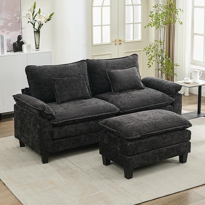 URRED Cloud Couch Modular Sectional Sofa, 87" Modern L Shaped Deep Seat Sofa with Ottoman & Pillows, Ultra Comfy Chenille Couches for Living Room, Bedroom or Apartment, Black