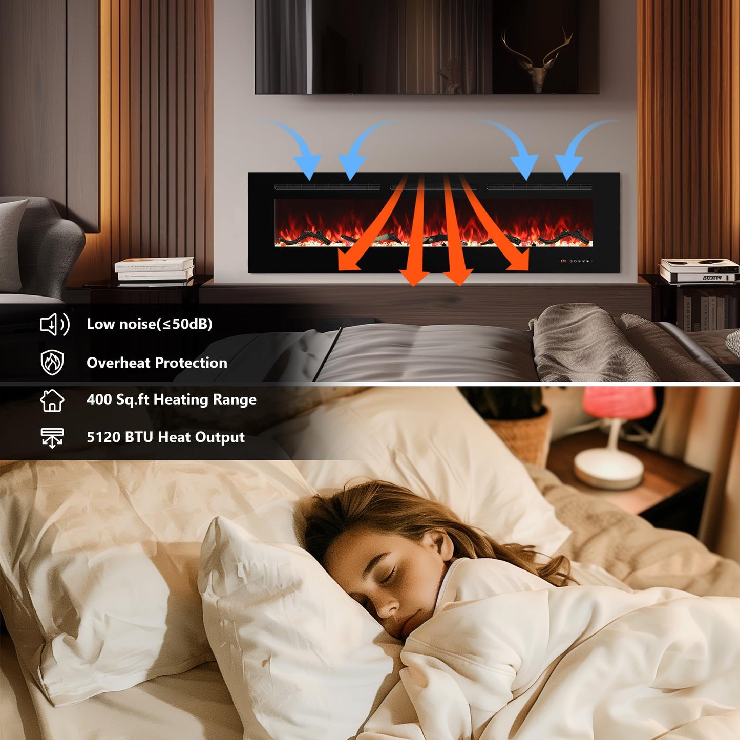 Carsynflame Electric Fireplace 72 In, Wall Mounted & Recessed Electric Fireplace Inserts, Remote & Touch Screen Control, 169 Flame Color Combinations, Timer & Thermostat Fireplace Heater, 1500W, Black
