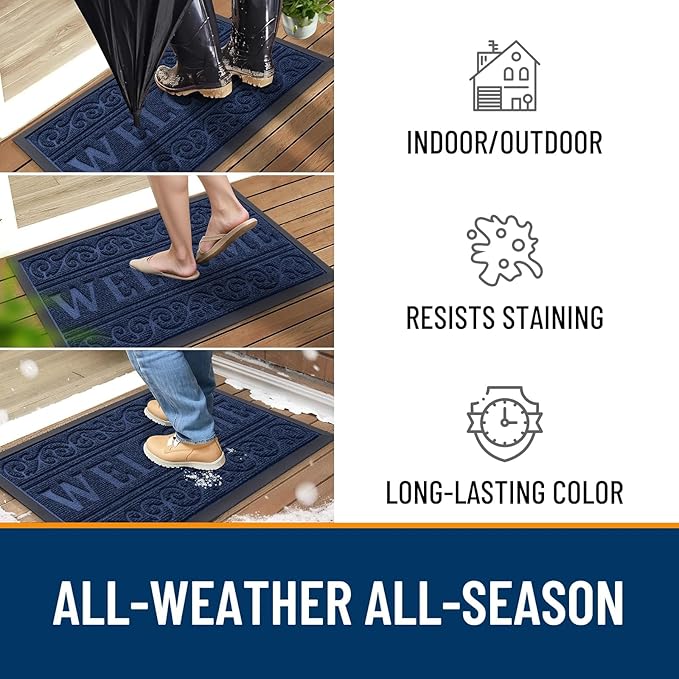 OLANLY Welcome Door Mat Indoor Outdoor Entrance, Heavy Duty Sturdy Front Door Mat, Waterproof All-Weather Doormat, Stain Resistant, Low Profile, Easy Clean Patio Entryway Mat, 47 x 24, Navy Blue