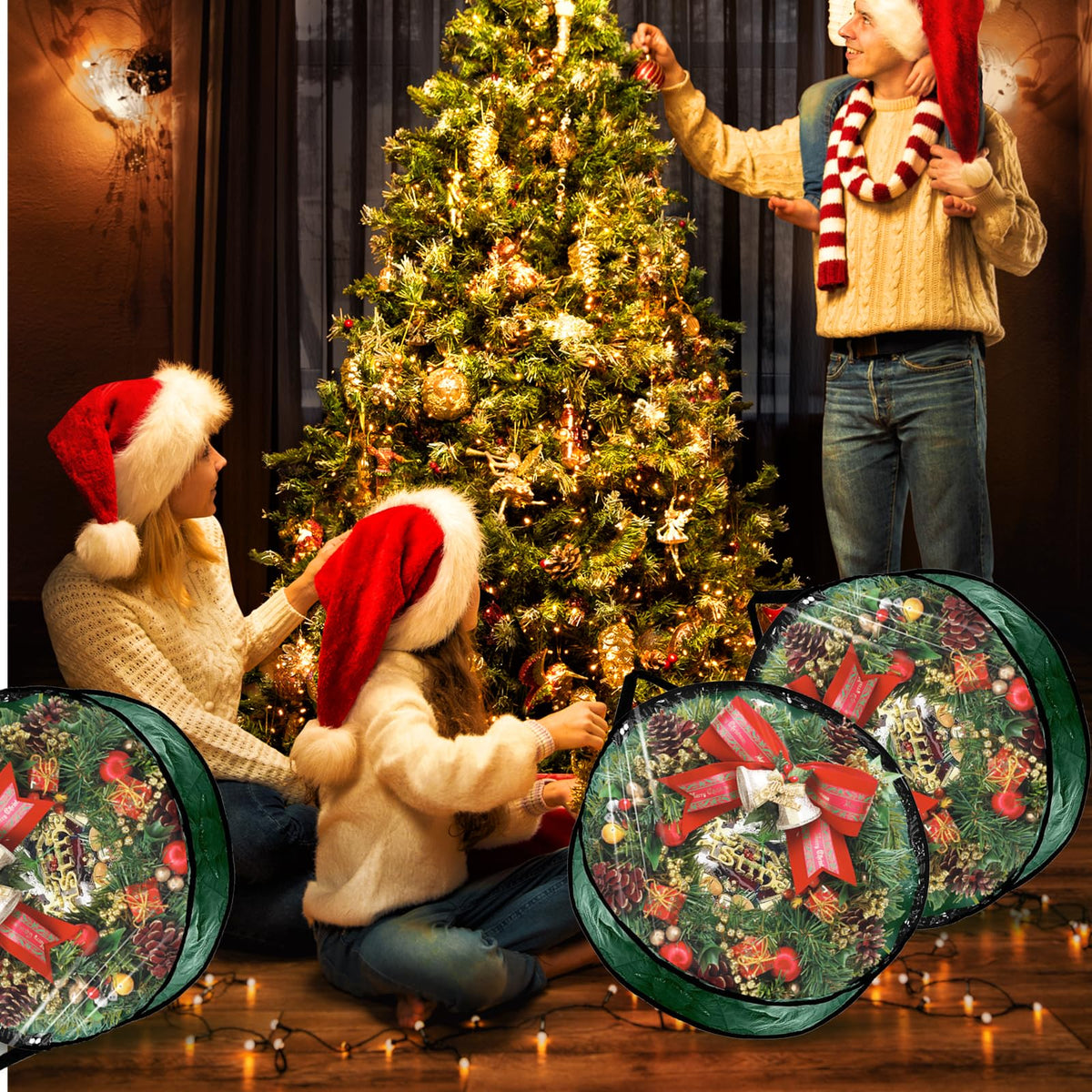 YAYODS 6 Pack Wreath Storage Container Bag, 24x8 Inch Christmas Wreath Storage Container Heavy Duty Christmas Wreath Boxes with Clear Window for Xmas Holiday Seasonal Wreath Garland (Green)