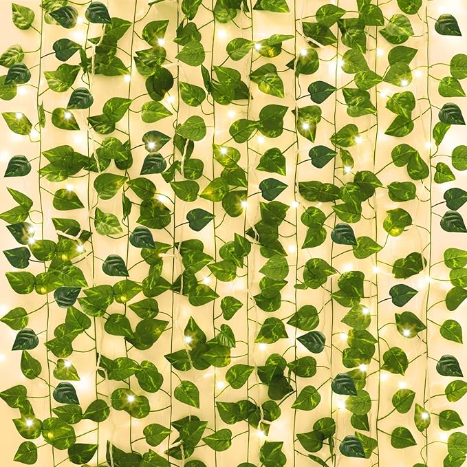 CEWOR 14 Pack 98ft Fake Ivy Vines, Artificial Ivy Garland with 100 LED String Lights, Hanging Plants Greenery Backdrop Gre...