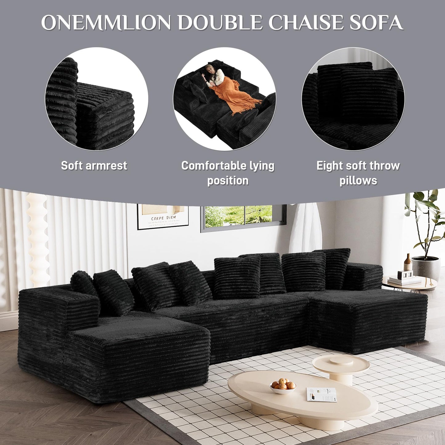 ONEMMLION 131" Modular Sectional Sofa Cloud Couch, Corduroy Memory Foam Black Sectional Couches for Living Room, Modern Deep Seat Boneless Sofa, Comfy Fluffy Plush U Shaped Couch with Chaise Lounge