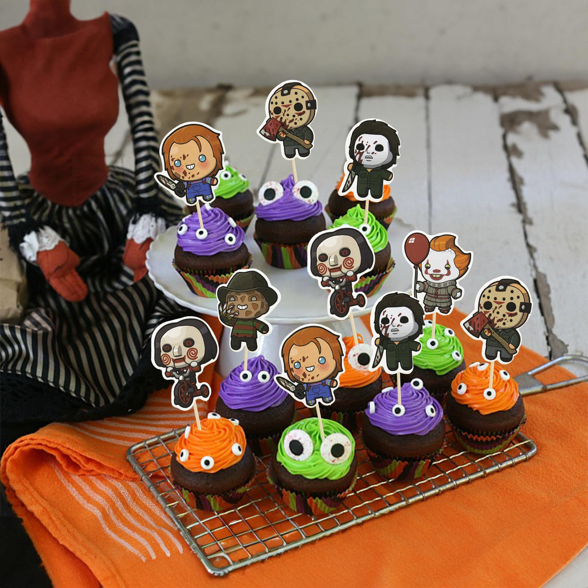 Gyufise 36Pcs Horror Movie Cupcake Toppers Horror Movie Halloween Cupcake Picks Halloween Birthday Cake Decorations for Baby Shower Birthday Party Supplies