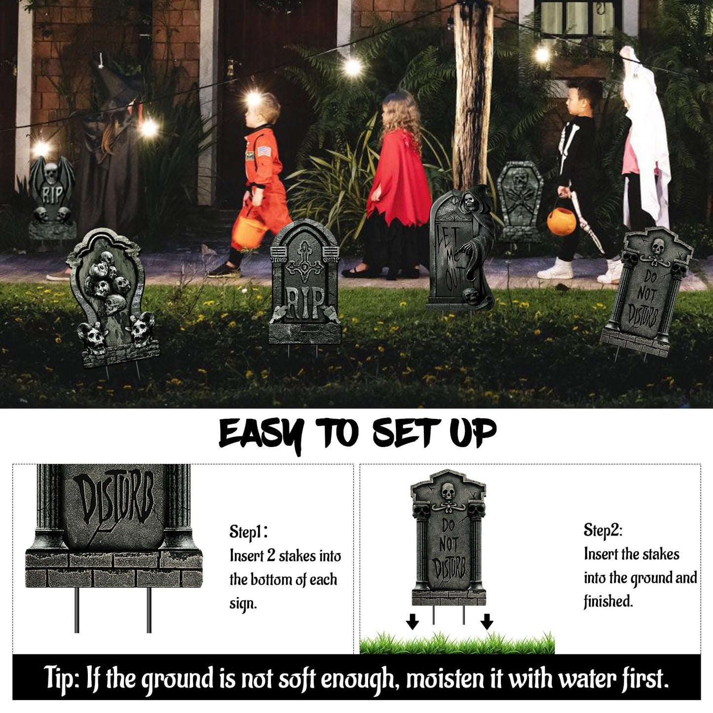 DECEED 6 PCS 16.9" x9.8" Halloween Yard Signs Graveyard Tombstones Halloween Outdoor Decorations, Gravestones Yard Signs with Stakes Scary Lawn Decor Party Supplies