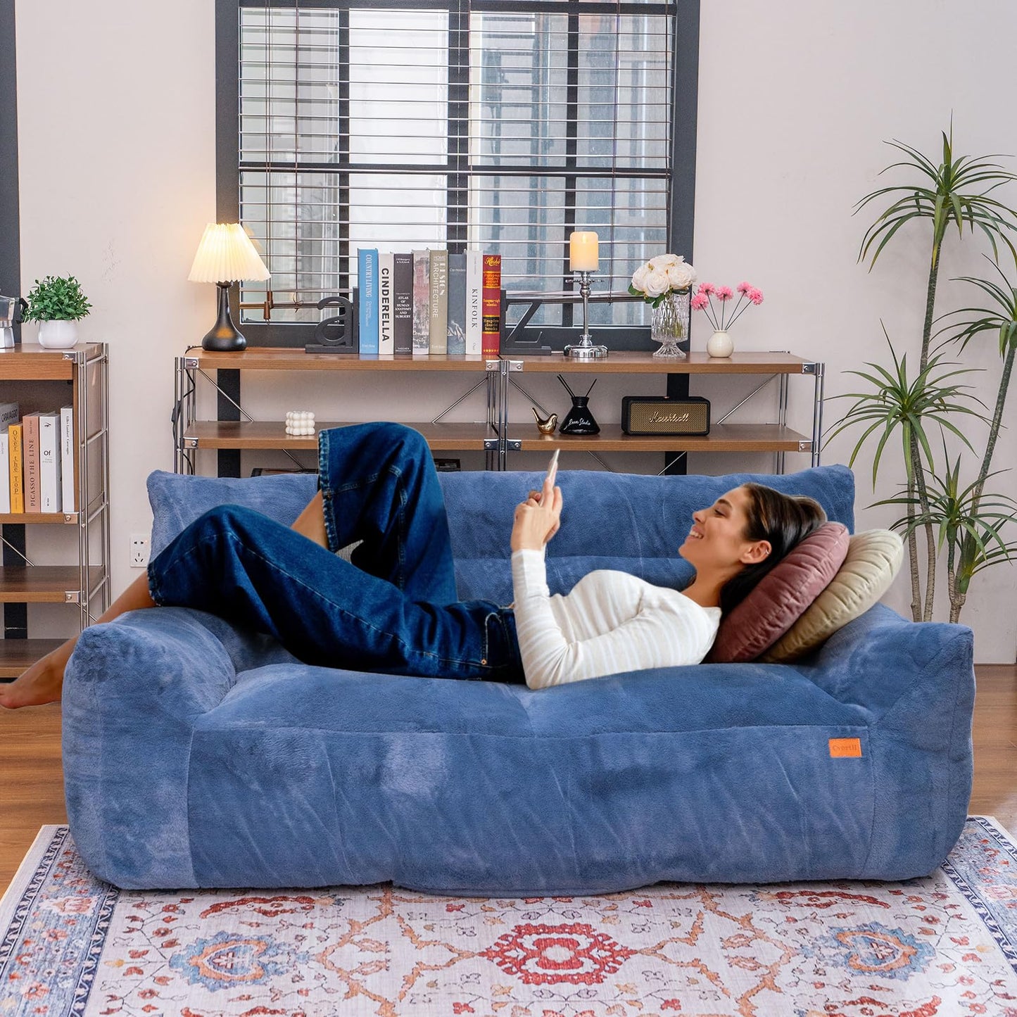 Cvortll Big Bean Bag Chairs for Adults Oversized Beanbag Chair Lazy Sofa with Armrest Foam Filled Loveseat Sofa Floor Comfy Couch for Bedroom,Blue