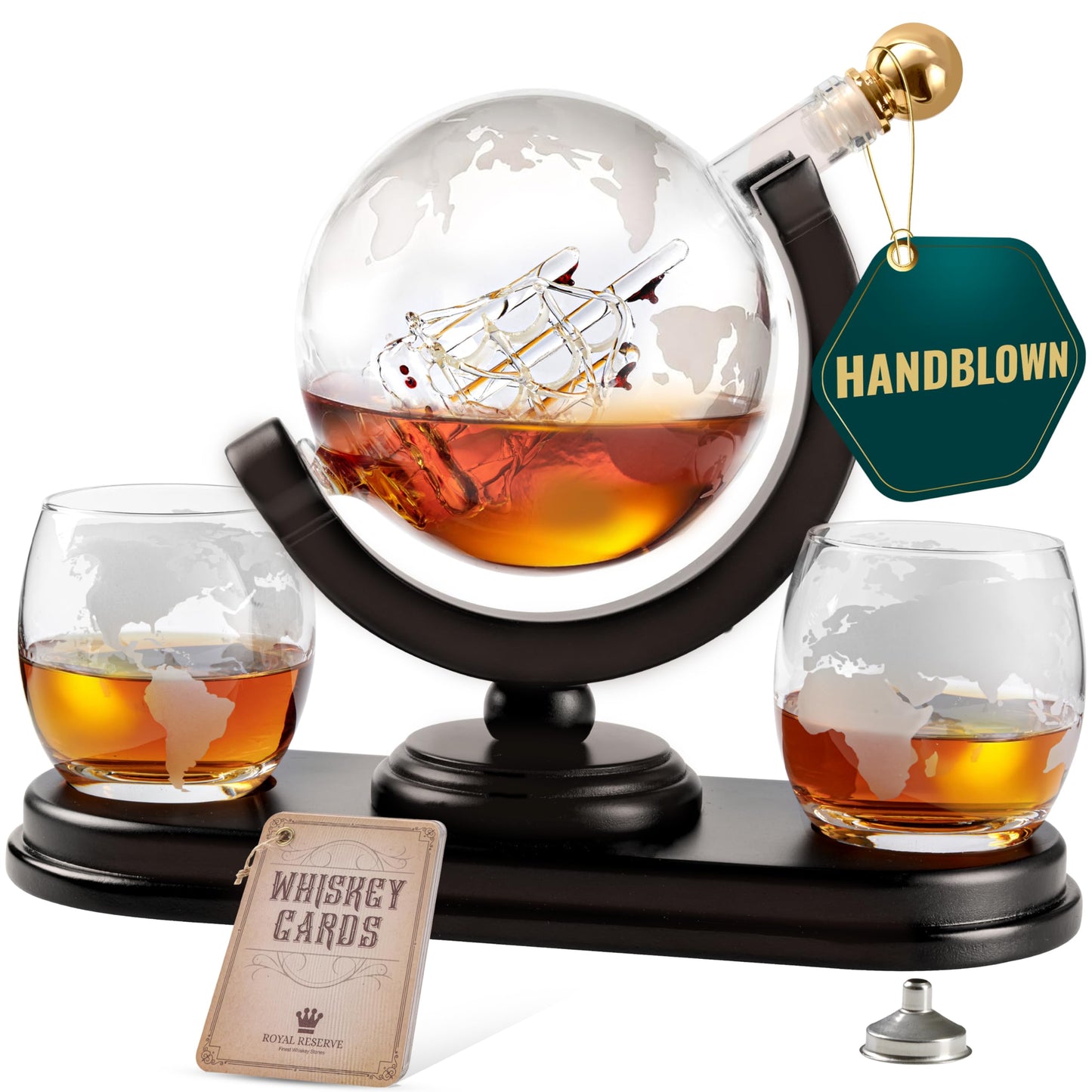 Globe Whiskey Decanter Gift Set by Royal Reserve | Etched World Map Globe Decanter 29 oz 850 ml with Glasses for Bourbon, Liquor – Whiskey Gifts for Men Dad Boyfriend Husband