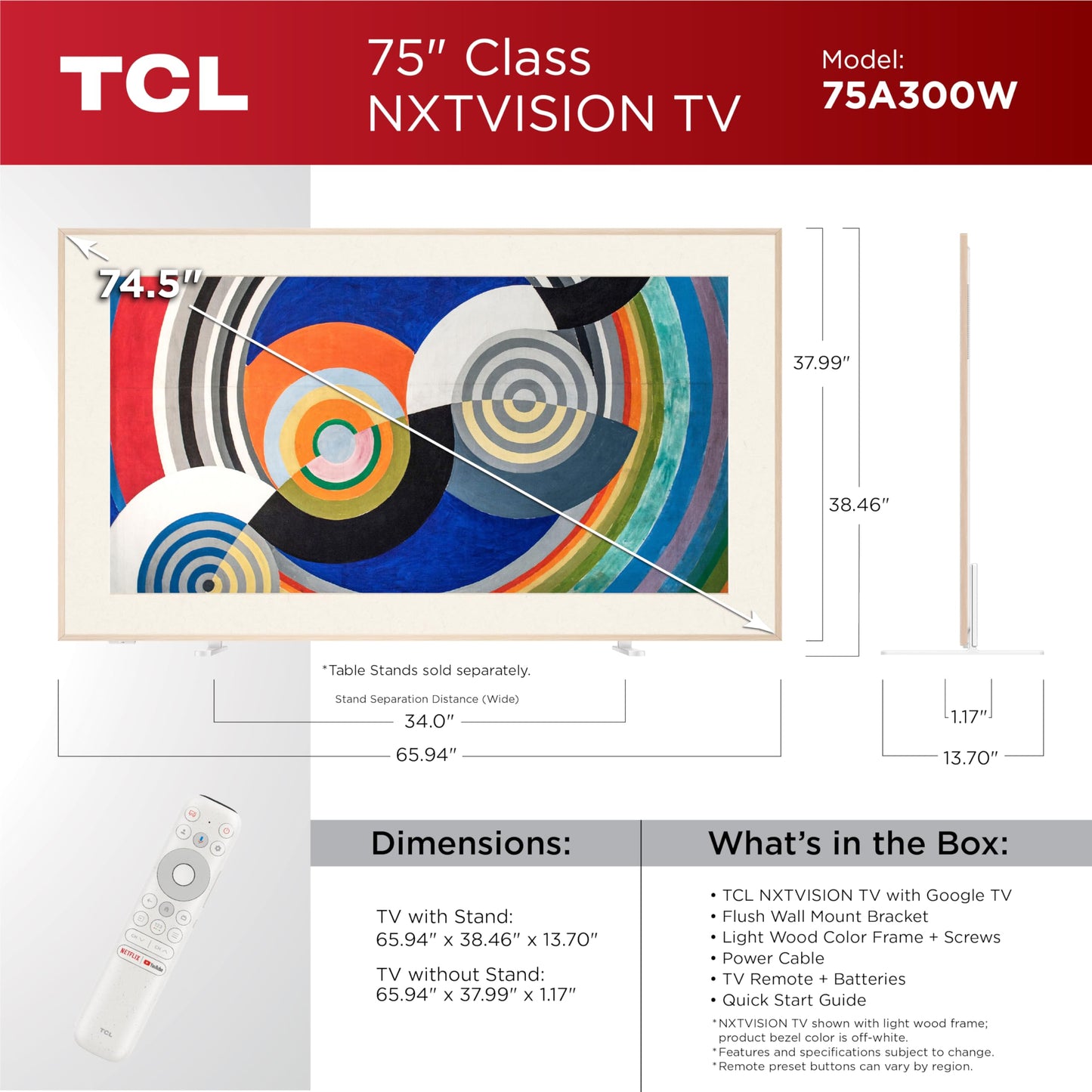 TCL 75 Inch Class NXTVISION Series Picture Frame Canvas Art TV | 75A300W, 2024 Model | QLED 4K HDR Smart Google TV | 120HZ Dolby Atmos Audio | Voice Remote Alexa Google Apple Streaming Television