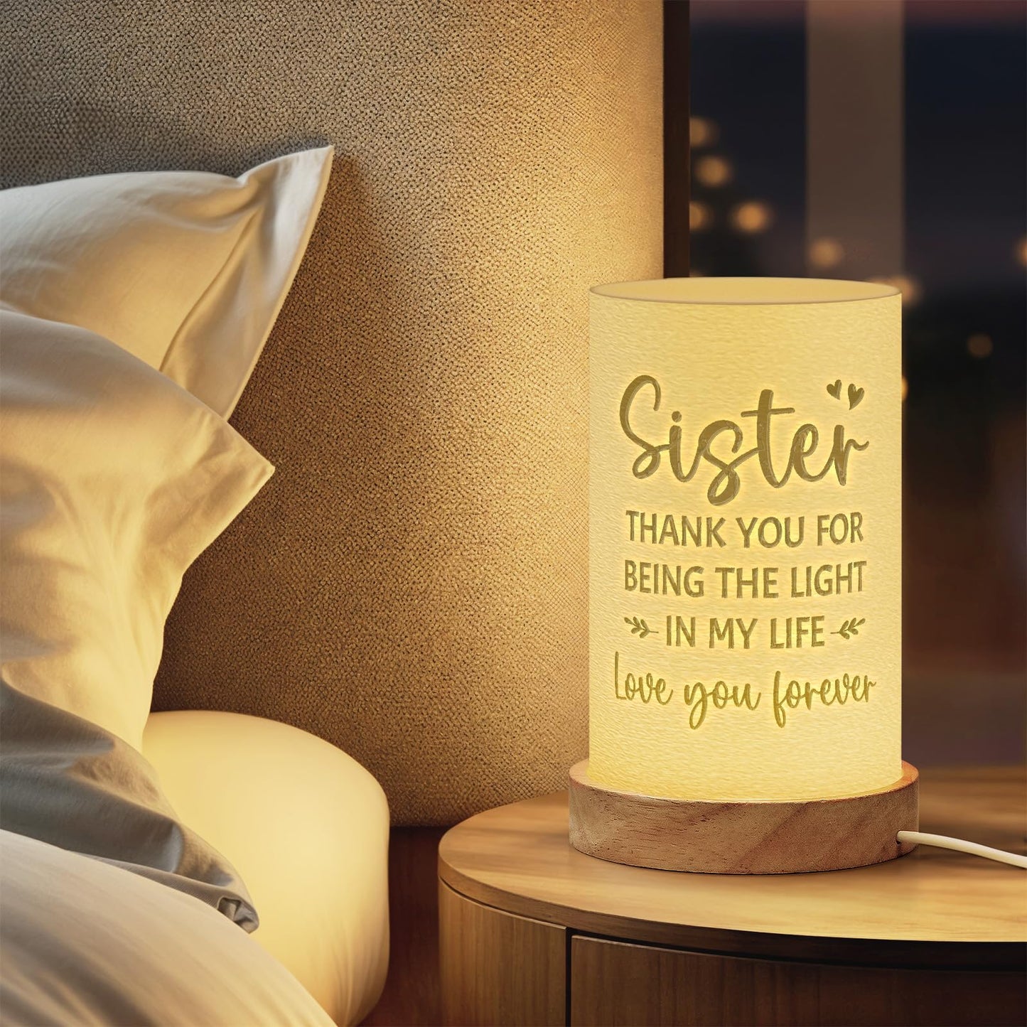 Afterprints Sister Gifts from Sisters, Unique 3D Printed Night Light, Sister Birthday Gifts, Presents for Sisters on Wedding, Graduation, Christmas, Table Lamp with Wooden Base