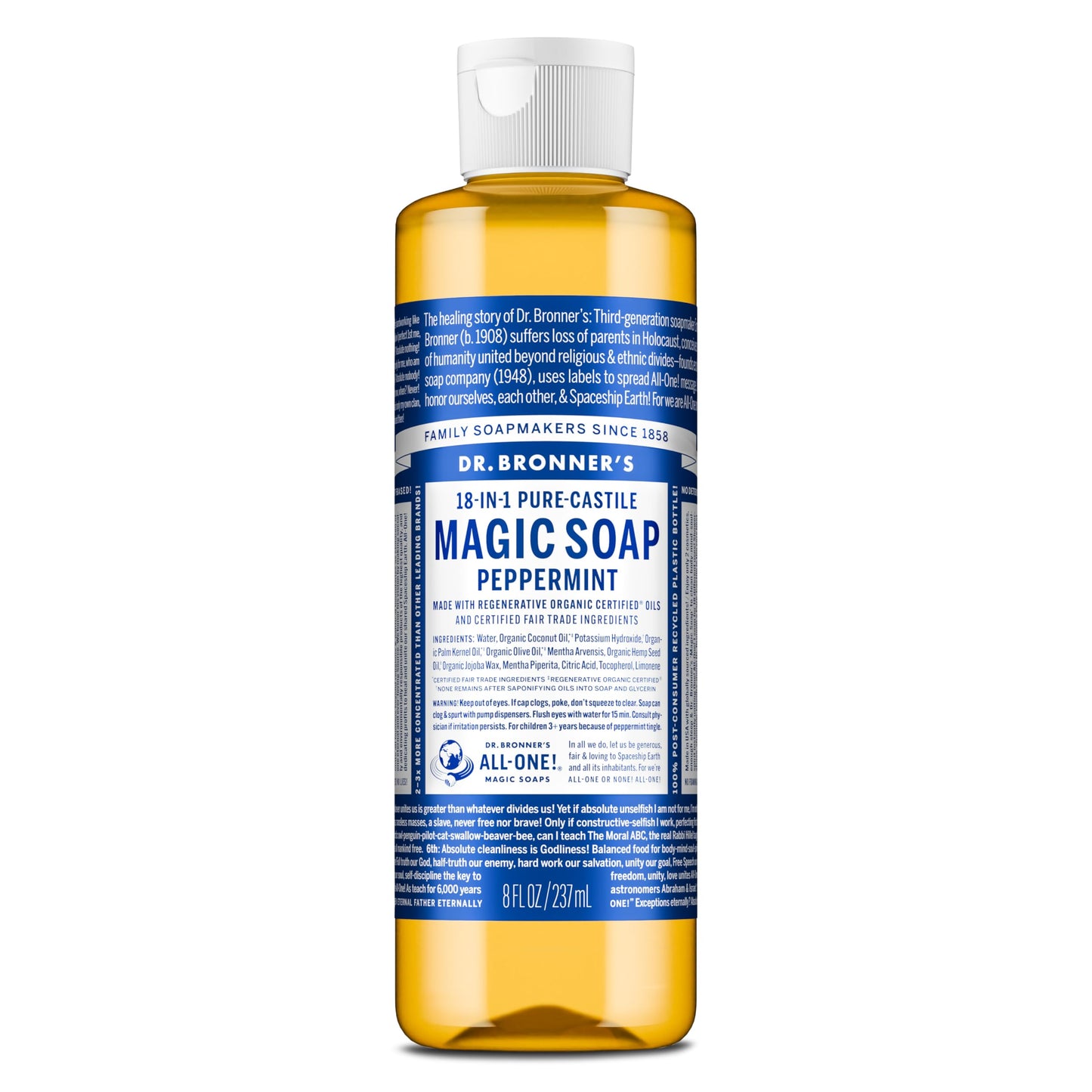 Dr. Bronners Pure-Castile Magic Liquid Soap (Peppermint, 8 Ounce)- Made with Organic Oils, 18-in1 Uses: Face, Hair, Hand & Body