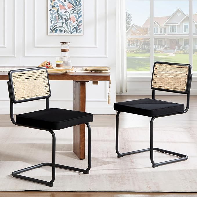 Zesthouse Rattan Dining Chairs Set of 6, Mid Century Modern Dining Room Chairs with Natural Cane Mesh & Black Base, Black Cesca Chair Velvet Fabric, Farmhouse Kitchen Chair with Solid Wood Frame Back