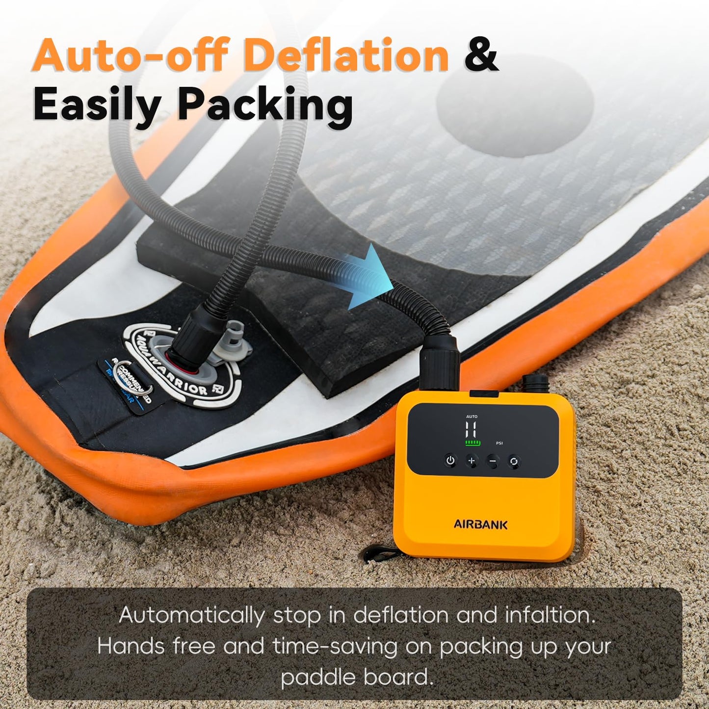 AIRBANK Mini Paddle Board Pump Pulse Pro, Small Rechargeable SUP Pump Electric Portable, Brushless Motor, MAX 20PSI, Fast Inflation Air Pump for Kayak, Inflatables, Boats, Tent, Kite Wings (Orange)