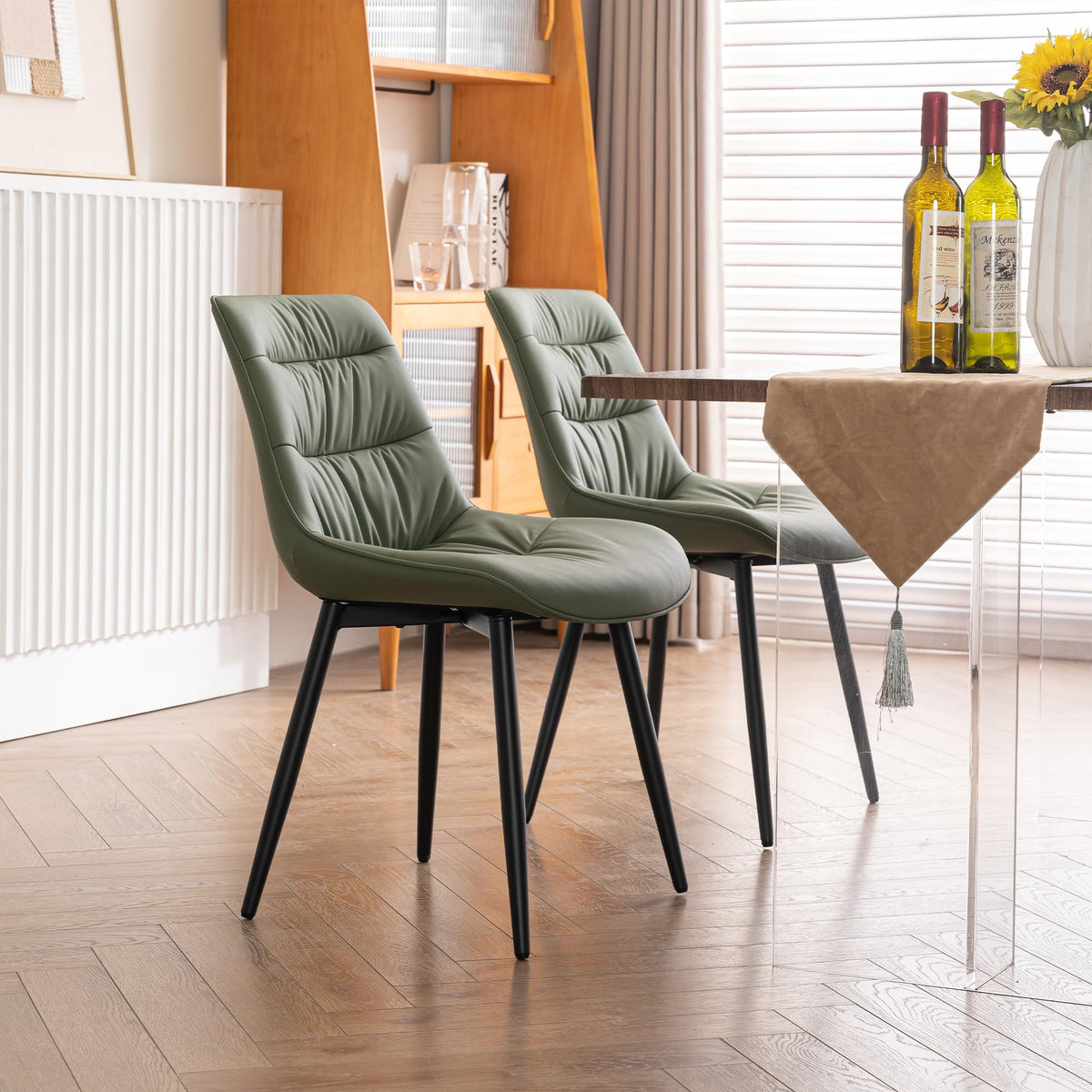 Rowill Dining Chairs Set of 2 Mid Century Modern Kitchen Chair Comfortable Upholstered Faux Leather Dinner Chairs for Kitchen Dining Room, Olive Green