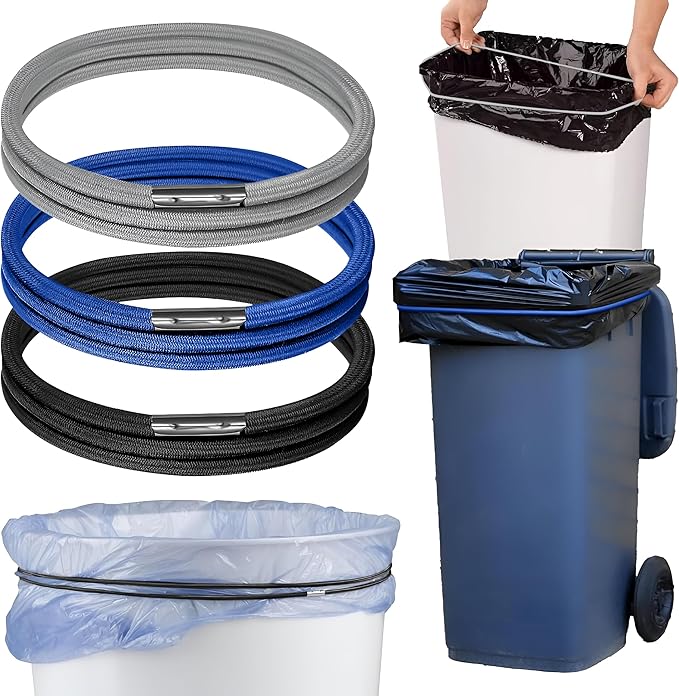 Trash Can Rubber Bands Set of 3 - Elastic Garbage Can Bands with Metal Connector, Fits 13 to 33 Gallon Trash Bags - Gripper Trash Can Bands for Waste Baskets, Multicolored