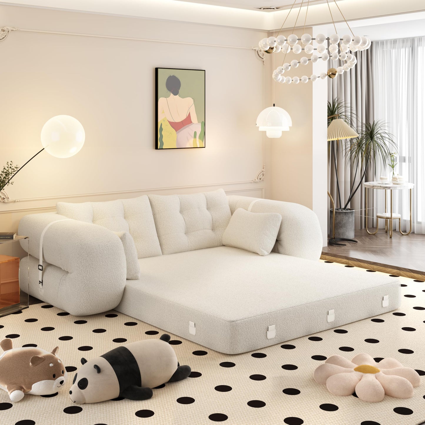 Ball & Cast Multi-Functional Foldable Sofa Bed with High-Density Foam,Teddy Fabric Upholstered Couch W/4 Pillows,Convertible Sleeper Sofas Bed,Living Room Furniture for Bedroom,Apartment,Beige,79"