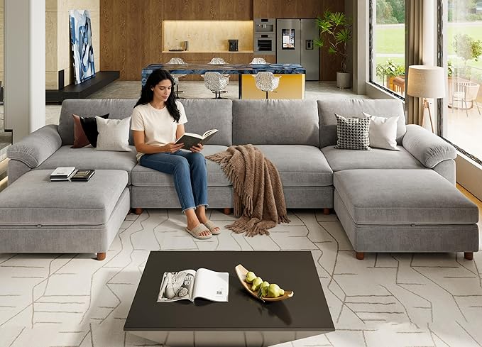 SITJOY 149" Oversized Sectional Couches for Living Room, Extra Large Deep Seat Modular Sofa with Washable Covers, 4 Seater U Shaped Couch with Chaise, Storage Ottoman, Chenille in Light Gray
