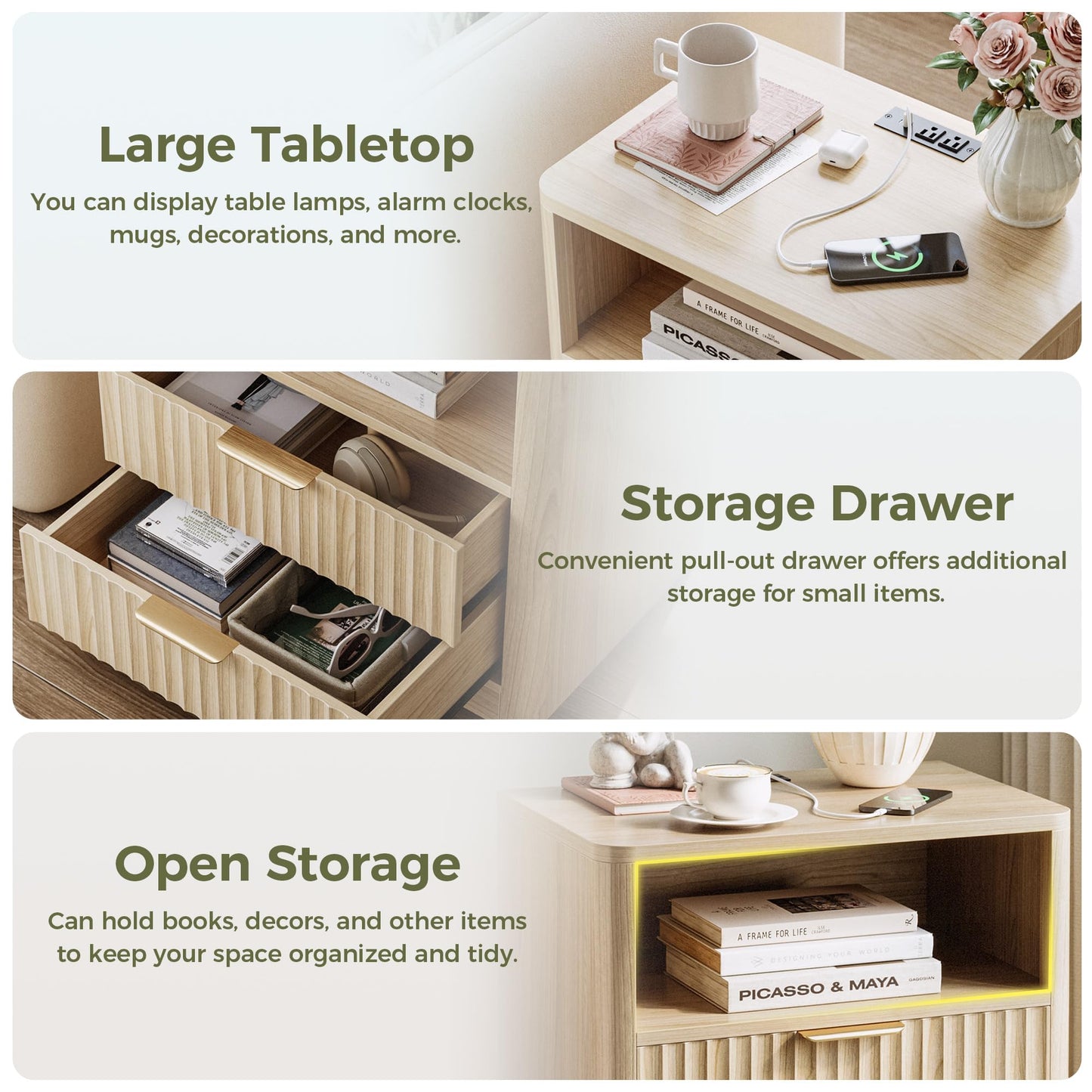 IRONCK 3 Pieces Dresser Bedroom Set, 6 Drawer Dresser and Nightstand Sets of 2 with Charging Station, Fluted Wood Chest of Drawers Wide Storage Cabinet Set, Natural