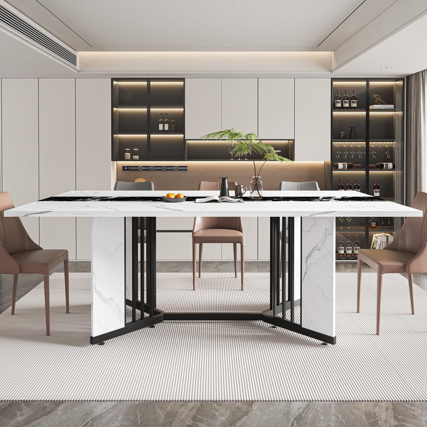 DalyLuxa 71inch Dining Table for 6-8 People, Large Rectangular Wood Kitchen Table with Marble Watrproof Tabletop and Adjustable Leg for Kitchen, Dining Room