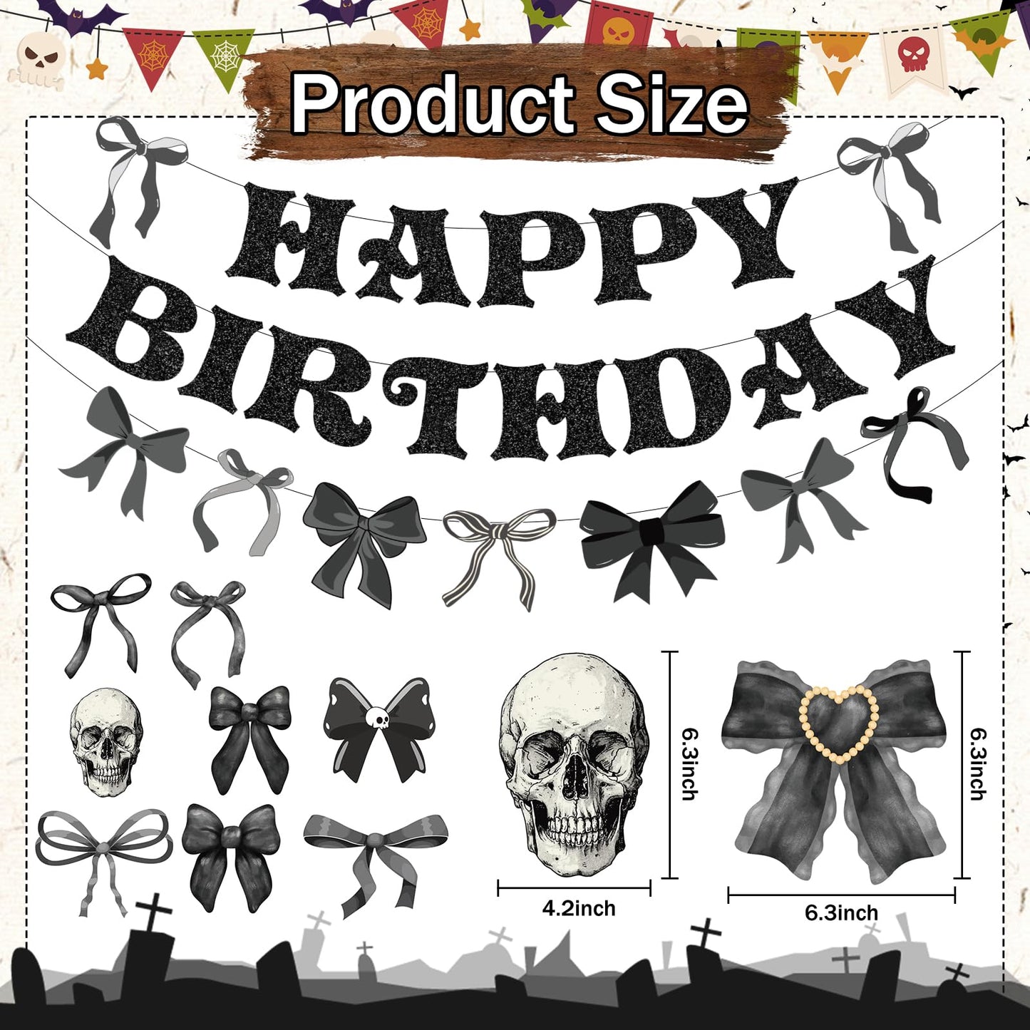 Lovarywow Black Bow Party Decorations - 13PCS Gothic Birthday Decorations Skull Skeleton Goth Party Supplies for Girls Women Black Bow Coquete Happy Birthday Banners Hanging Swirls