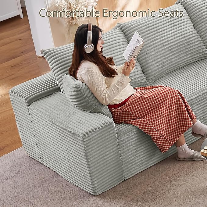 140" Sectional Cloud Couch for Living Room, Modular Floor Deep-Seat Sofa, Big Comfy Corduroy Couches Set with Fluffy Memory Foam, Stupendous L Shaped Sofas, No Assembly Required, Grey
